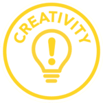 Yellow badge with a lightbulb and exclamation mark inside, labeled "Creativity." Perfect for Girl Scouts, this Creativity badge sparks youth entrepreneurship, encouraging imaginative young minds to innovate.