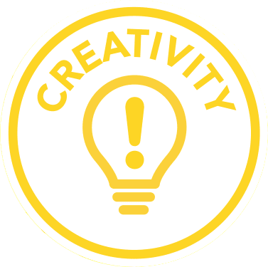 Yellow badge with a lightbulb and exclamation mark inside, labeled "Creativity." Perfect for Girl Scouts, this Creativity badge sparks youth entrepreneurship, encouraging imaginative young minds to innovate.