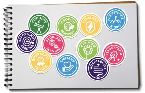 Notebook displaying colorful mindset stickers needed for entrepreneurial thinking
