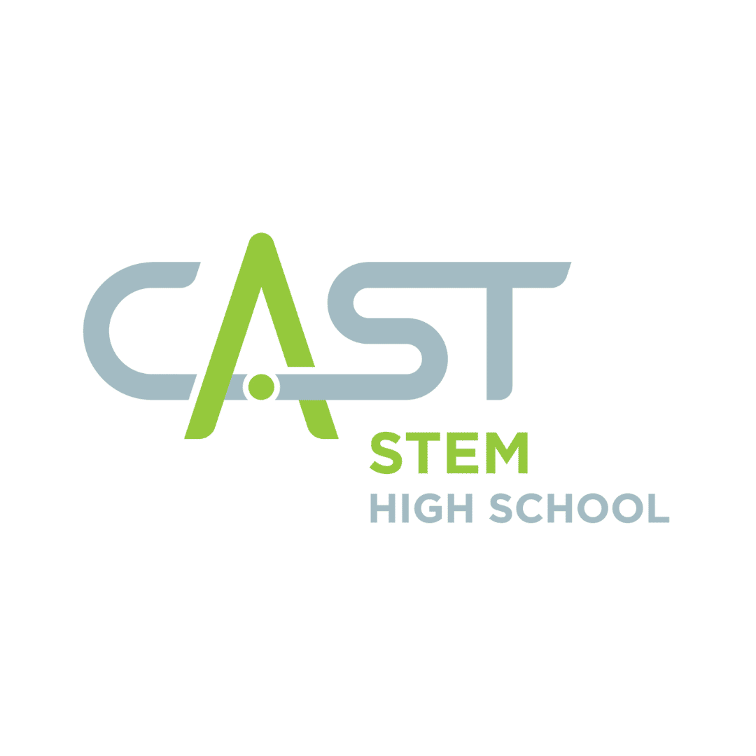 Logo for CAST STEM High School with stylized green and blue lettering.